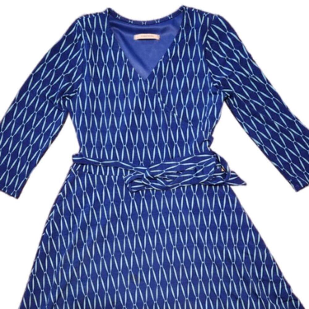 41 Hawthorn Faux Wrap Dress in Light Blue and Royal Blue Print SMALL